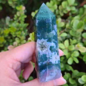 Moss agate crystal tower